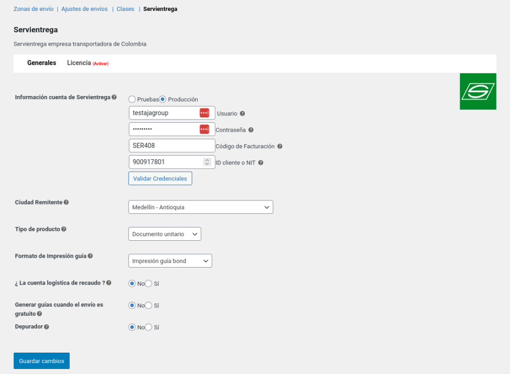 Configuraciones shipping servientrega Woocommerce